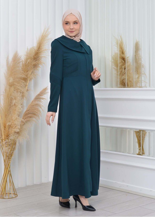 ZIPPERED PLEATED COLLAR WOMANS HIJAB LONG TOPCOAT 1201