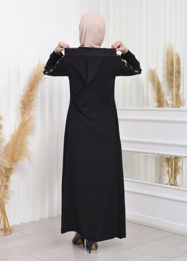 Hooded Zipper Embroidered Black Hijab Abaya 629