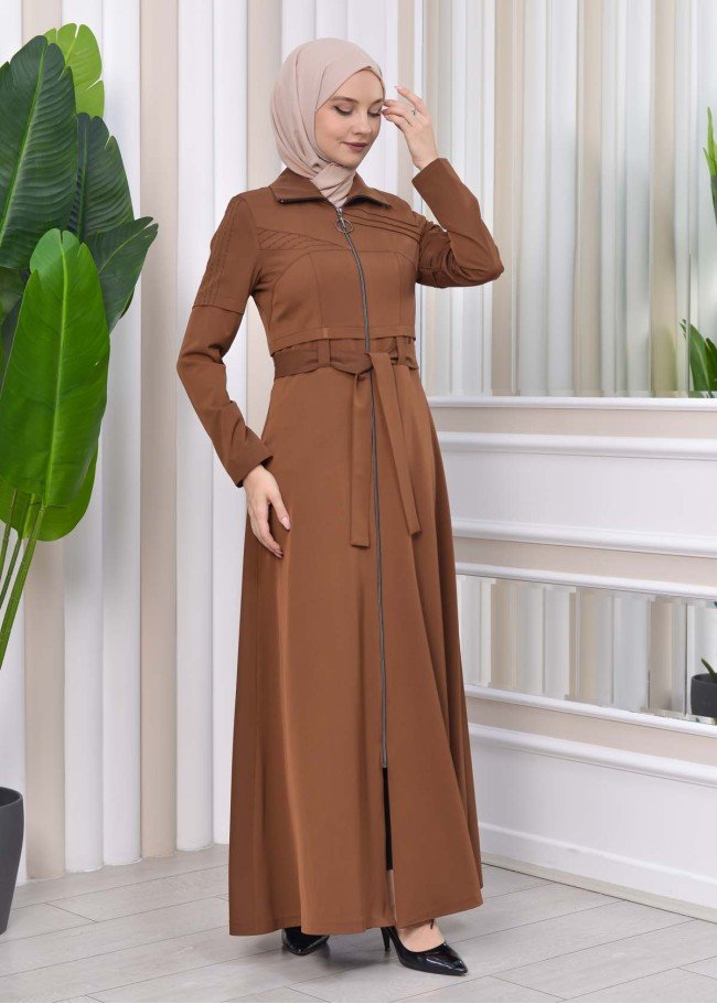 Hooded-Belted Hijab Topcoat 1212 with front zipper