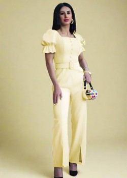 Lange Jumpsuit mit Kurze Puffärmel mit knöpfen mit Gürtel - Schwarz