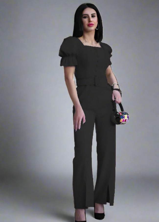Lange Jumpsuit mit Kurze Puffärmel mit knöpfen mit Gürtel - Schwarz