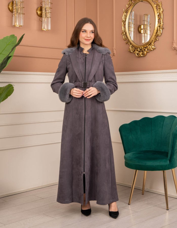 Velvet Suede Trench Coat with Faux Fur Lining, Code 1368 - gray