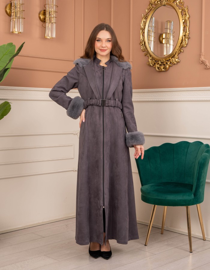 Velvet Suede Trench Coat with Faux Fur Lining, Code 1368 - gray