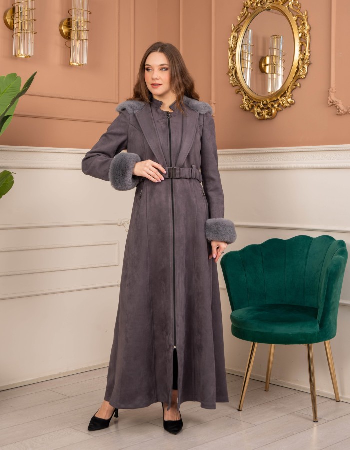 Velvet Suede Trench Coat with Faux Fur Lining, Code 1368 - gray