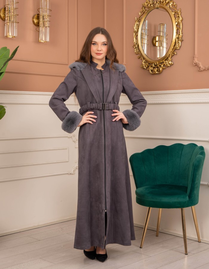 Velvet Suede Trench Coat with Faux Fur Lining, Code 1368 - gray