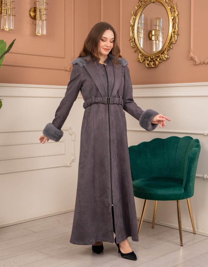 Velvet Suede Trench Coat with Faux Fur Lining, Code 1368 - gray