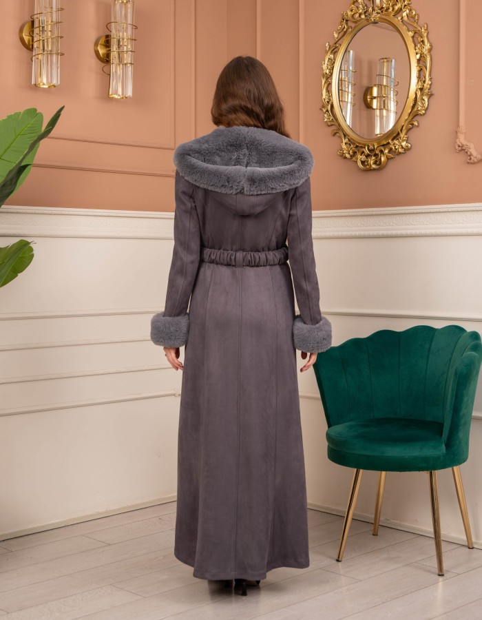 Velvet Suede Trench Coat with Faux Fur Lining, Code 1368 - gray