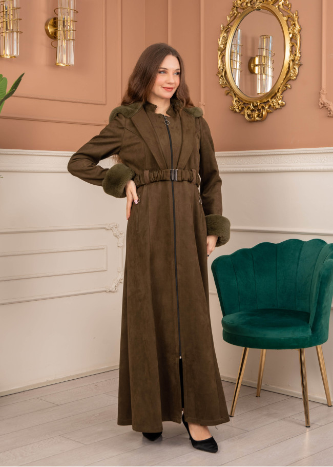 Velvet Suede Trench Coat with Faux Fur Lining, Code 1368 - khaki