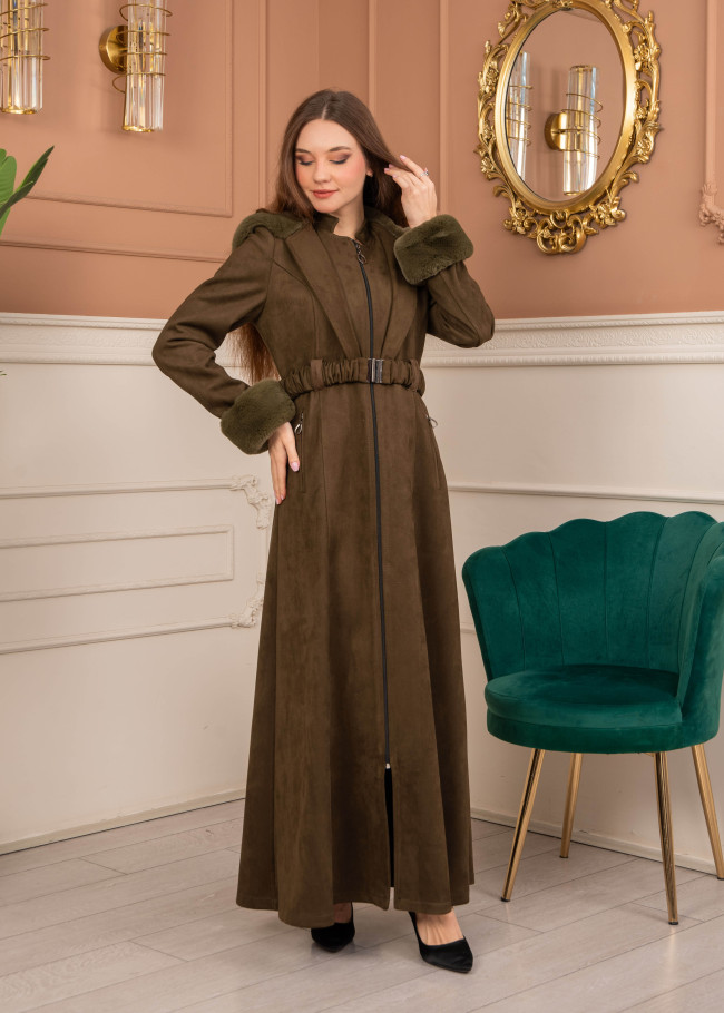 Velvet Suede Trench Coat with Faux Fur Lining, Code 1368 - khaki