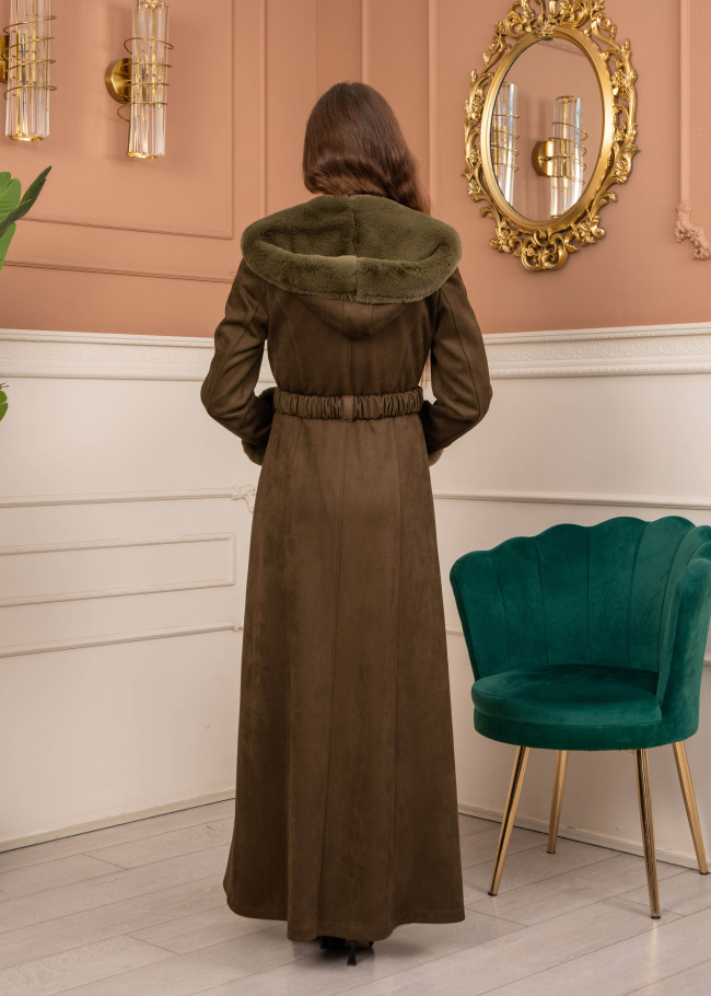 Velvet Suede Trench Coat with Faux Fur Lining, Code 1368 - khaki