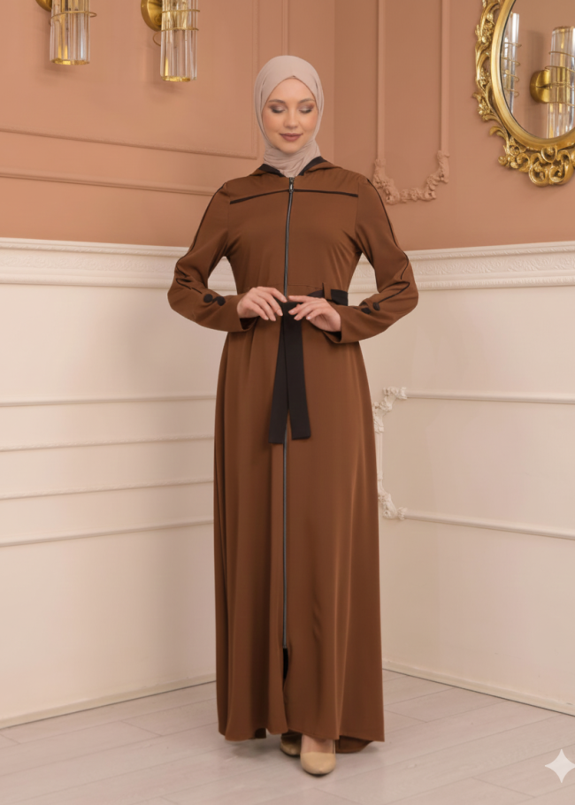 عباية برادا دبل كلوش مع كبيشون مغربي 699 - عسلي