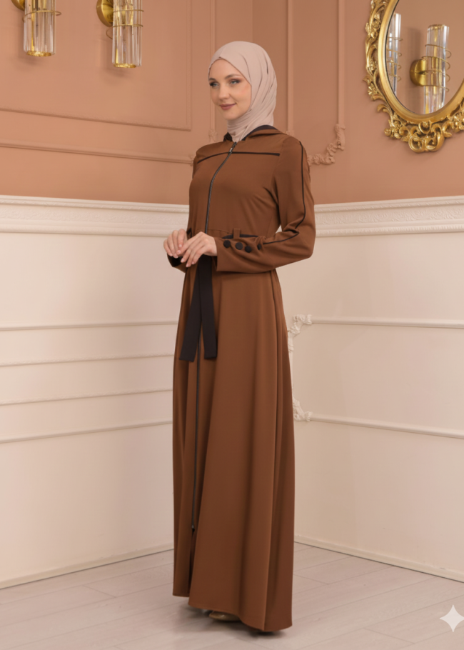 عباية برادا دبل كلوش مع كبيشون مغربي 699 - عسلي