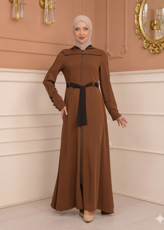 عباية برادا دبل كلوش مع كبيشون مغربي 699 - عسلي