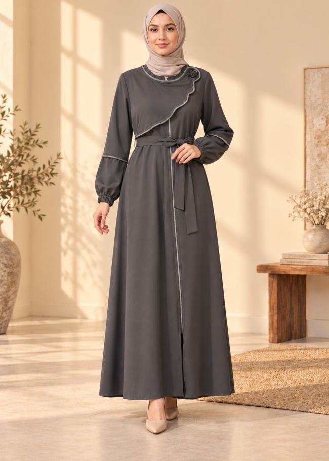 712  عباية ياقة موجة - رمادي