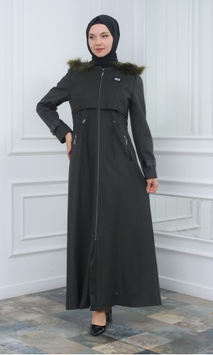 Modamix Hooded Zippered Stylish Womens Coat 1300 - khaki