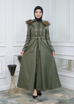 مانطو جلد شتوي طويل كلوش مع كبيشون قابل للإزالة 1307 - زيتي