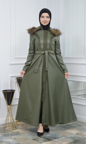 Long Flared Winter Leather Coat with Detachable Hood 1307 - khaki