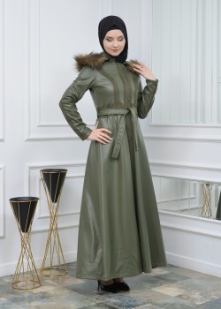 مانطو جلد شتوي طويل كلوش مع كبيشون قابل للإزالة 1307 - زيتي