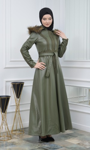 Long Flared Winter Leather Coat with Detachable Hood 1307 - khaki