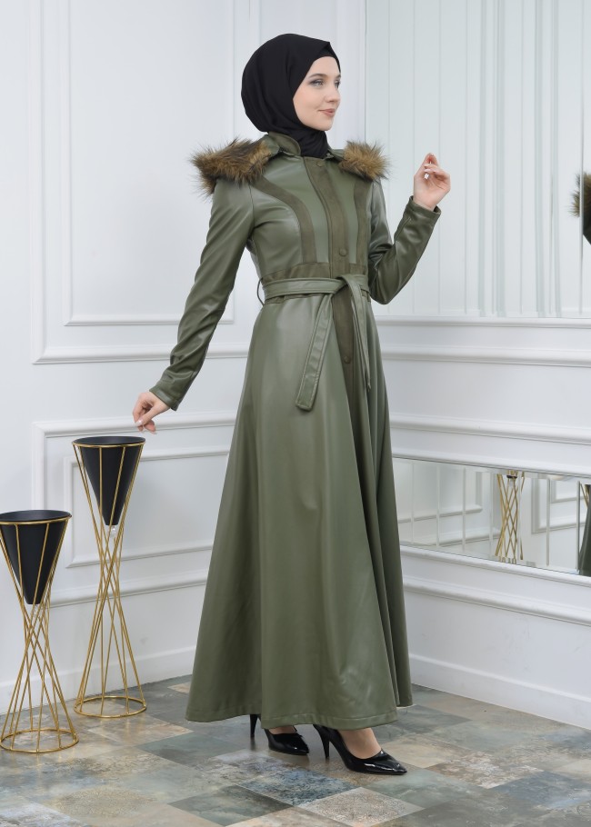 مانطو نسائي جلد شتوي مع كبيشون فرو قابل للإزالة 1307 Haki