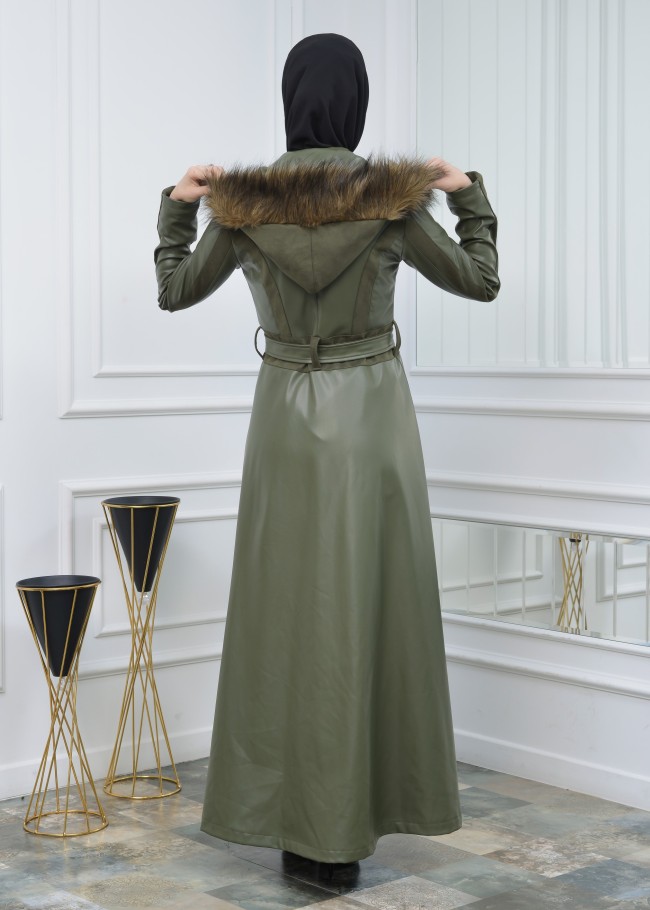 مانطو نسائي جلد شتوي مع كبيشون فرو قابل للإزالة 1307 Haki