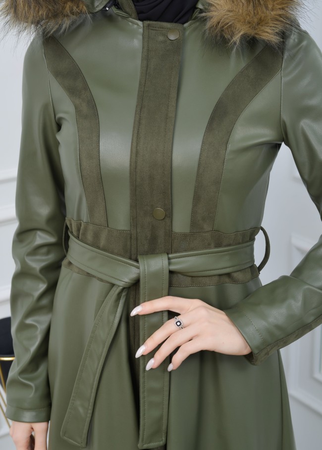 مانطو نسائي جلد شتوي مع كبيشون فرو قابل للإزالة 1307 Haki