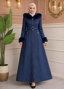 مانطو جوخ طويل بياقة وأكمام فرو 1381 - كحلي