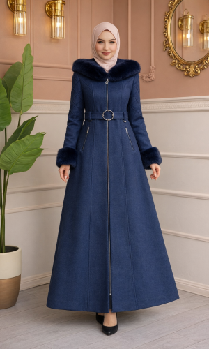 مانطو جوخ طويل بياقة وأكمام فرو 1381 - كحلي