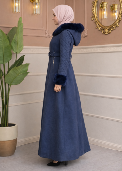 مانطو جوخ طويل بياقة وأكمام فرو 1381 - كحلي