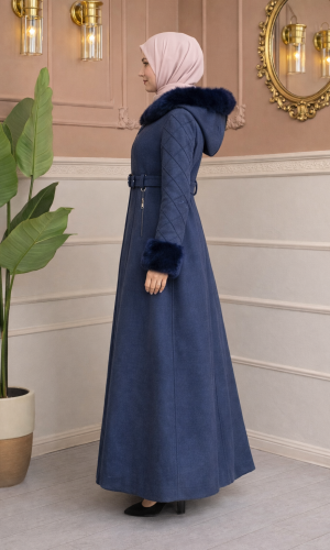 مانطو جوخ طويل بياقة وأكمام فرو 1381 - كحلي