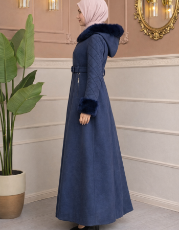 Long Wool Coat with Fur Collar and Cuffs 1381 - deep blue