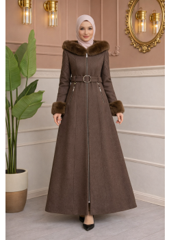 مانطو جوخ طويل بياقة وأكمام فرو 1381 - بني