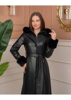 مانطو جلد شتوي طويل بياقة فرو وسحاب مخفي 1383  - اسود