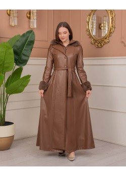 مانطو جلد شتوي طويل بياقة فرو وسحاب مخفي 1383  - عسلي