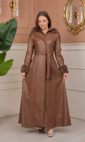 Long Winter Leather Coat with Fur Collar and Hidden Zipper 1383  - tan