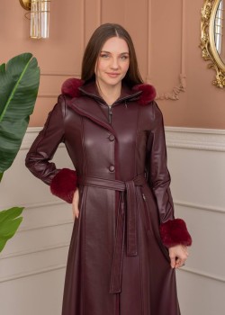 مانطو جلد شتوي طويل بياقة فرو وسحاب مخفي 1383  - خمري