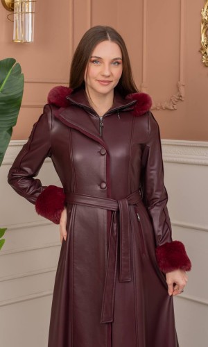 مانطو جلد شتوي طويل بياقة فرو وسحاب مخفي 1383  - خمري