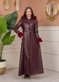 مانطو جلد شتوي طويل بياقة فرو وسحاب مخفي 1383  - خمري