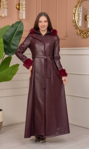 مانطو جلد شتوي طويل بياقة فرو وسحاب مخفي 1383  - خمري