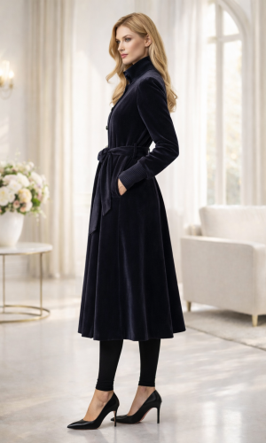 Gefütterter Winter-Trenchcoat in Ponyfell-Optik 1391 - Schwarz