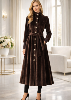 ترانشكوت شتوي مبطن قماش فرو فرس بياقة مرتفعة 1391 - بني