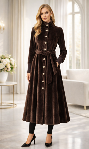 Lined Faux Pony Fur Winter Trench Coat 1391 - brown