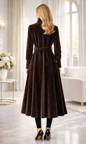 Lined Faux Pony Fur Winter Trench Coat 1391 - brown