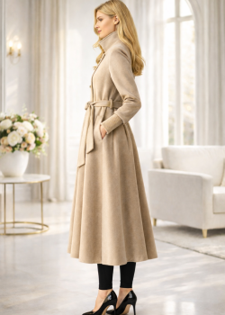 ترانشكوت شتوي مبطن قماش فرو فرس بياقة مرتفعة 1391 - بيج