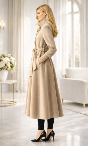 ترانشكوت شتوي مبطن قماش فرو فرس بياقة مرتفعة 1391 - بيج