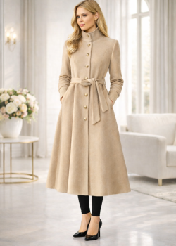 ترانشكوت شتوي مبطن قماش فرو فرس بياقة مرتفعة 1391 - بيج