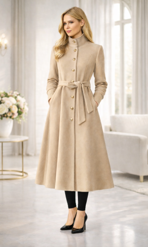 ترانشكوت شتوي مبطن قماش فرو فرس بياقة مرتفعة 1391 - بيج