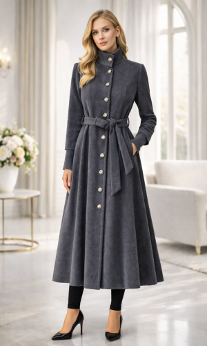 ترانشكوت شتوي مبطن قماش فرو فرس بياقة مرتفعة 1391 - رمادي