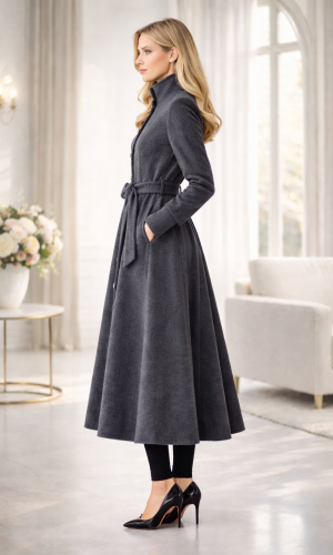 ترانشكوت شتوي مبطن قماش فرو فرس بياقة مرتفعة 1391 - رمادي