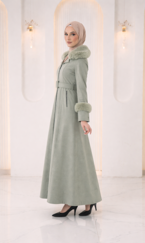 Long Textured Coat with Fur 1395  - mint